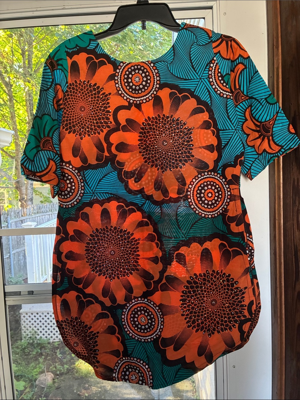 Women’s Short-Sleeve Tunic in Orange and Teal Floral Print